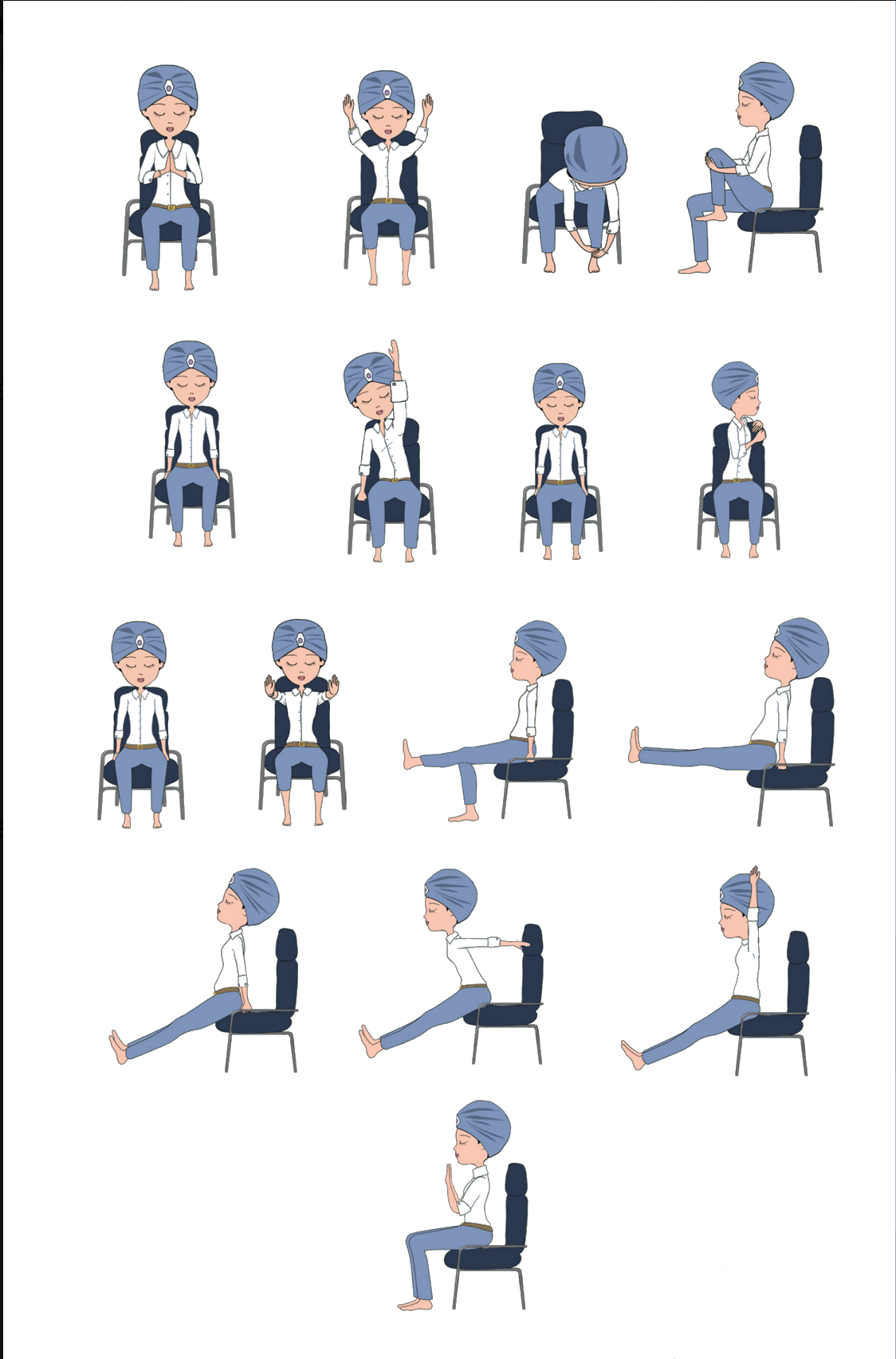Overview of the 16 movements of the sun salutation on the chair